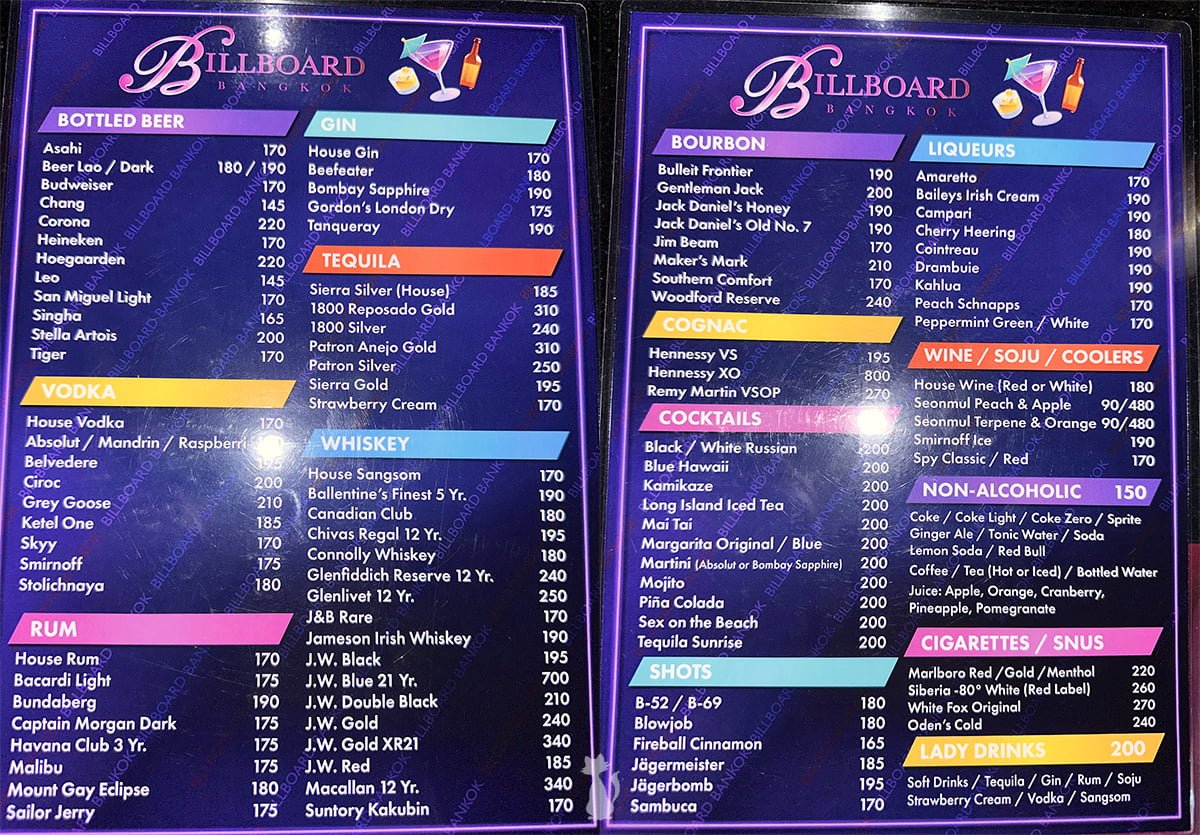 Bangkok Go Go Bar Drink Menu